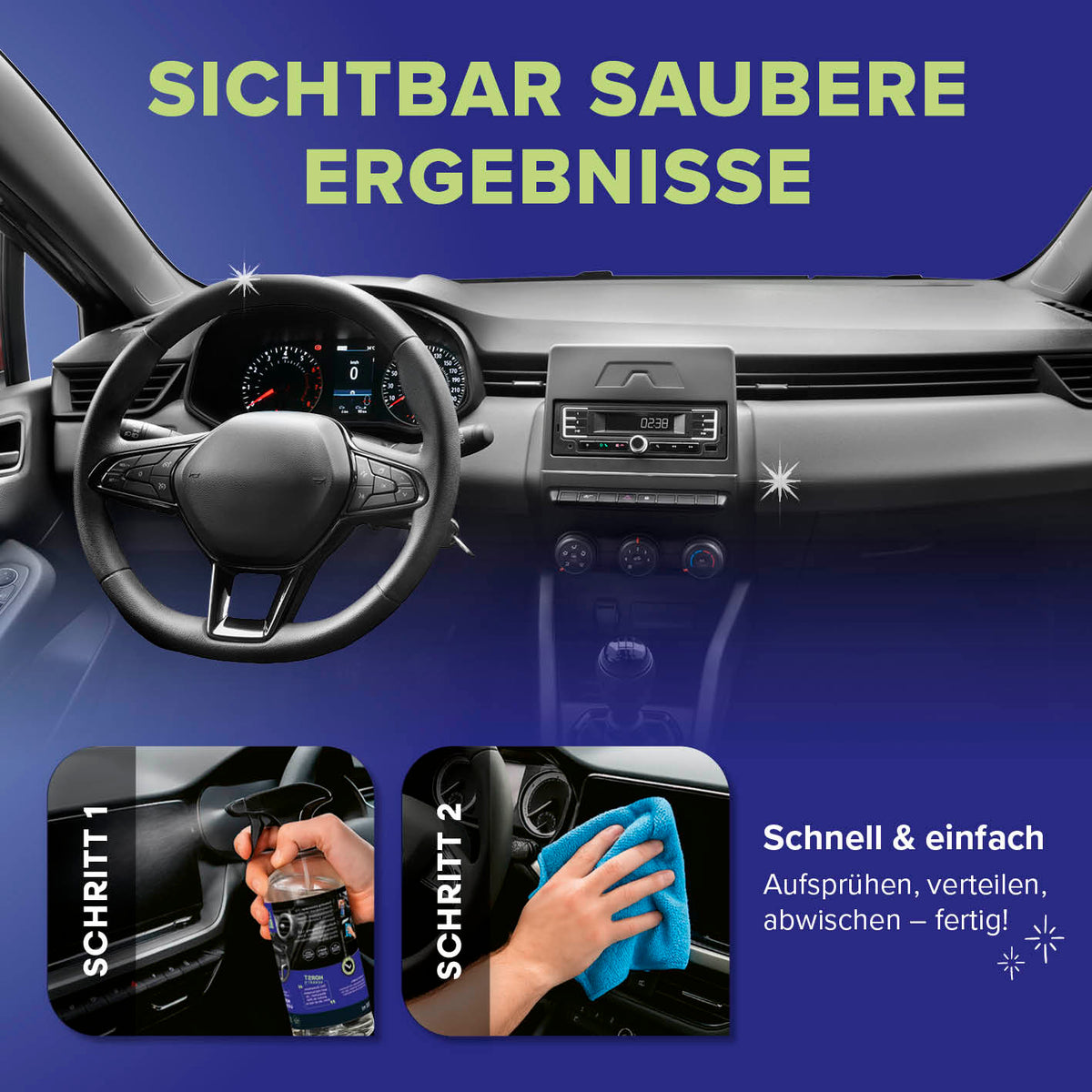 Auto-Innenraumreiniger in Galerieposition 4, quadratisch 1417x1417, zeigt sauberes Autoinnenraum-Dashboard nach Anwendung.