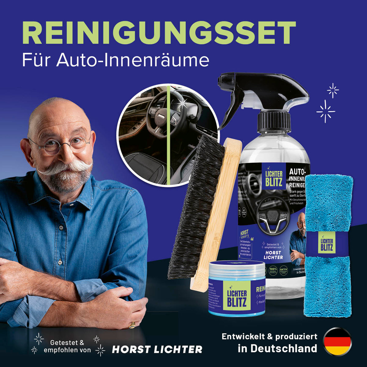 Reinigungsset Autoinnenräume – 4-teilig mit Sprühflasche, Bürste, Tuch und Pflegecreme für schonende Innenraumreinigung im Auto.
