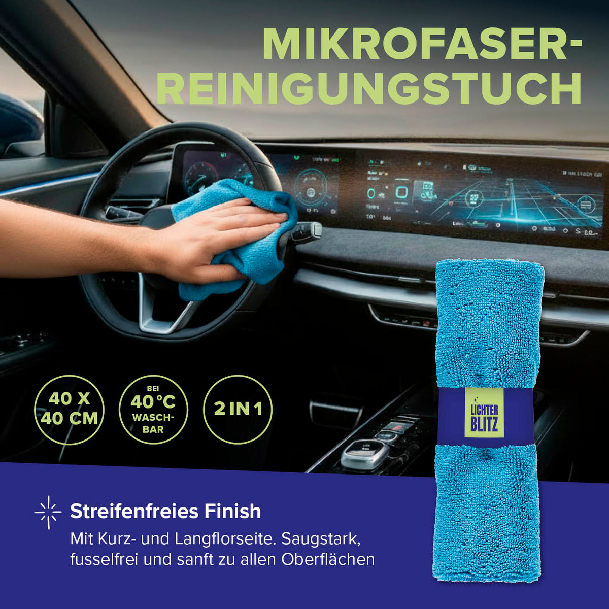 Reinigungsset Autoinnenräume – 4-teilig mit Mikrofaser-Reinigungstuch für streifenfreie und sanfte Innenraumpflege im Auto.
