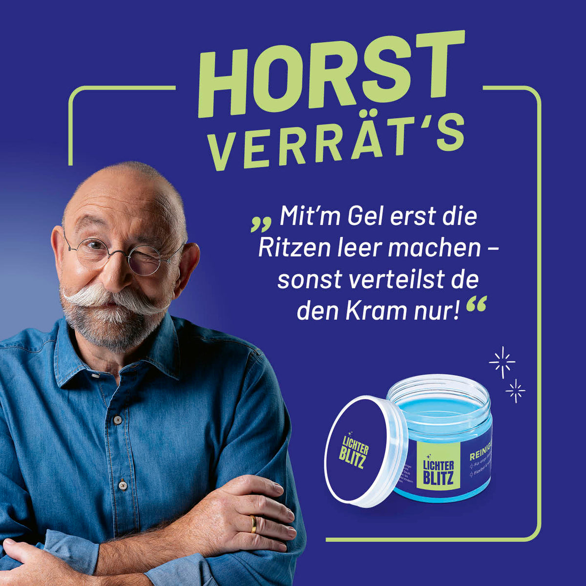 Reinigungsset Autoinnenräume – 4-teilig mit Horst Lichter, zeigt Reinigungsgel für gründliche Pflege von Autoinnenraumritzen.