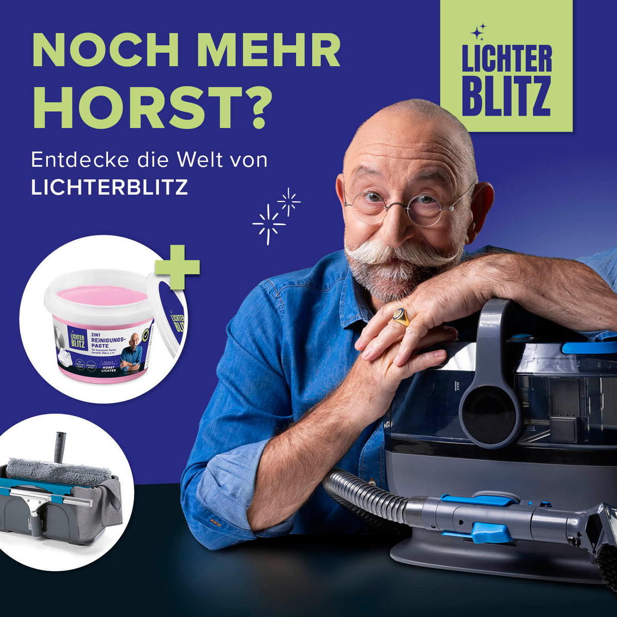 Werbebild mit Horst Lichter und Reinigungsset Autoinnenräume – 4-teilig für schonende Autopflege innen.