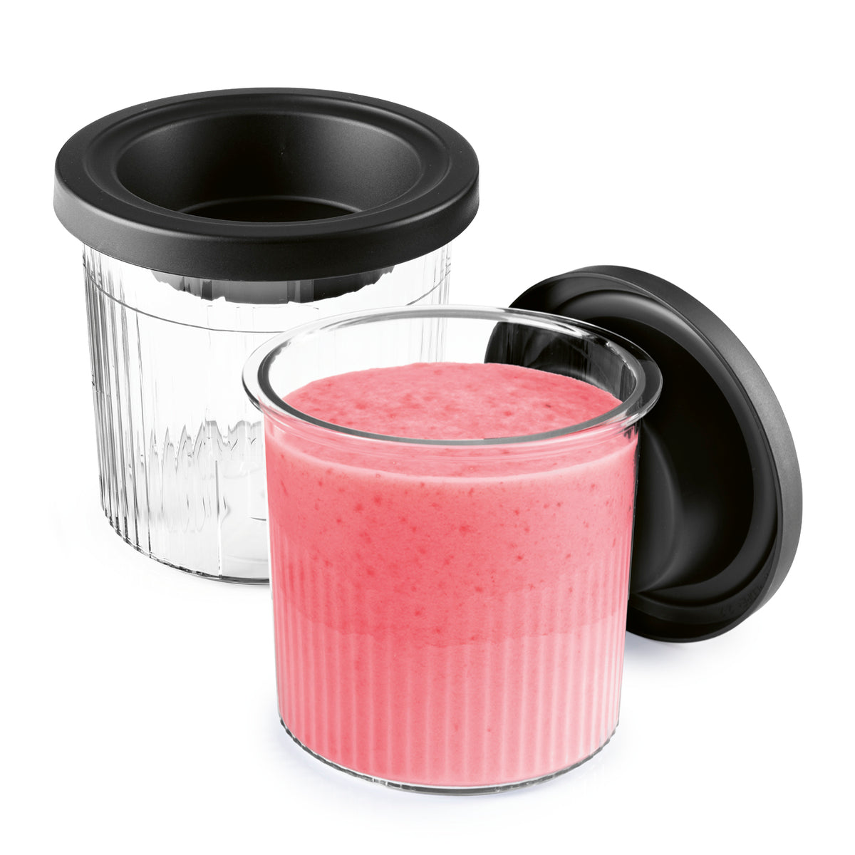 Becher-Set - 2 x 500 ml mit Fassungsvermögen aus transparentem Kunststoff und schwarzen Deckeln, ideal für cremige Desserts und Aufbewahrung.