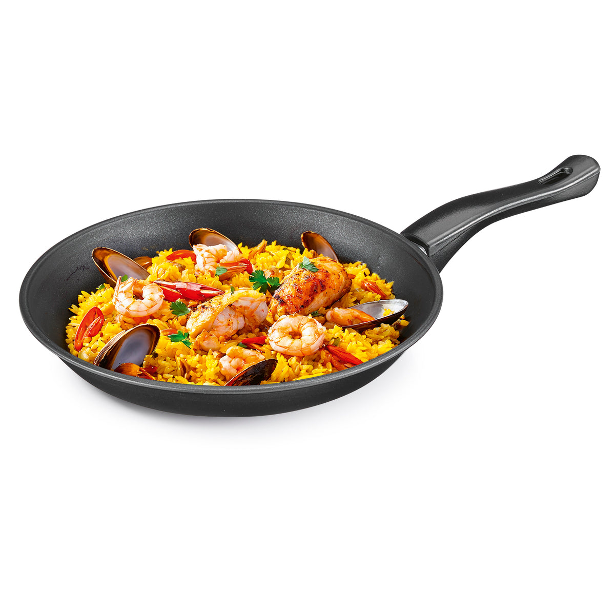 Carbonstahl-Pfanne ⌀ 28 mit Antihaftbeschichtung gefüllt mit Paella aus Reis und Meeresfrüchten