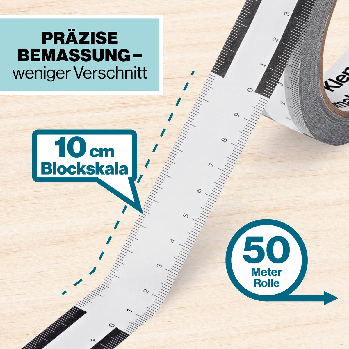 Klebemaßband 50 m selbstklebend, 10-cm-Skala, Abroller mit präziser 10-cm-Blockskala für genaue Messungen und weniger Verschnitt.