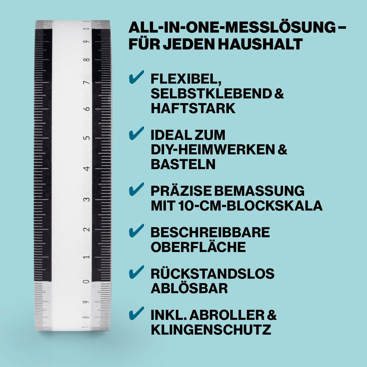 Klebemaßband 50 m selbstklebend, 10-cm-Skala, Abroller mit flexibler, selbstklebender Oberfläche und präziser 10-cm-Blockskala.