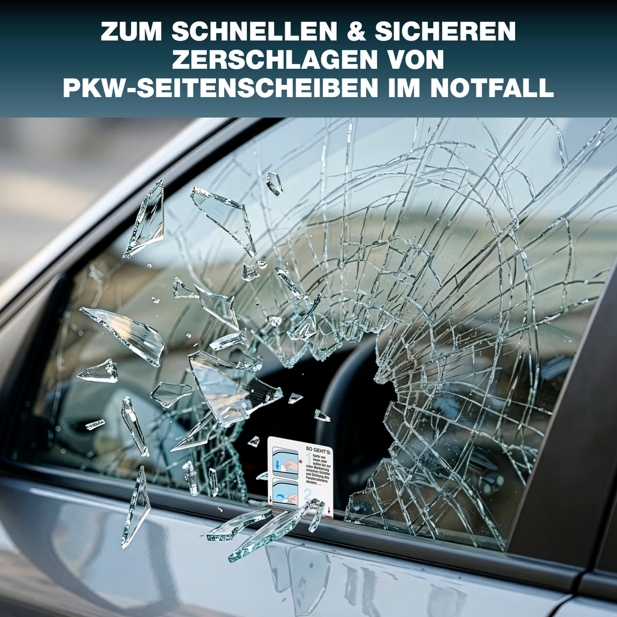 Notfall-Rettungswerkzeug im Kartenformat mit Gurtschneider beim schnellen Zerschlagen einer Autoscheibe im Notfall für sichere Selbstrettung.
