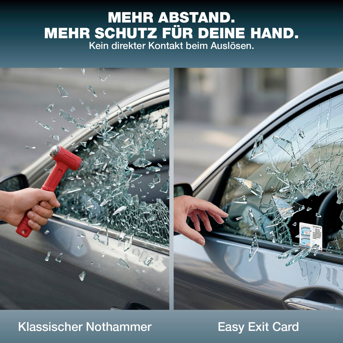 Notfall-Rettungswerkzeug im Kartenformat mit Gurtschneider zeigt sicheren Abstand beim Autoscheiben-Zerschlagen ohne direkten Handkontakt.