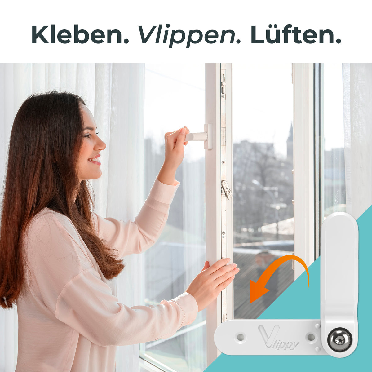 Frau montiert Tür- & Fensterstopper - 4er-Set zur individuellen Positionierung und sanften Dämpfung beim Lüften und Öffnen.