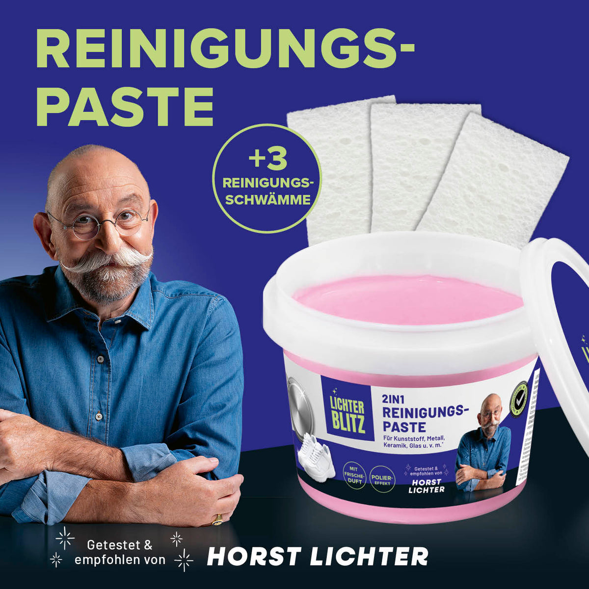 2in1-Reinigungspaste mit Schwämmen, kraftvoller Reiniger für strahlende, glänzende Flächen, empfohlen von Horst Lichter.