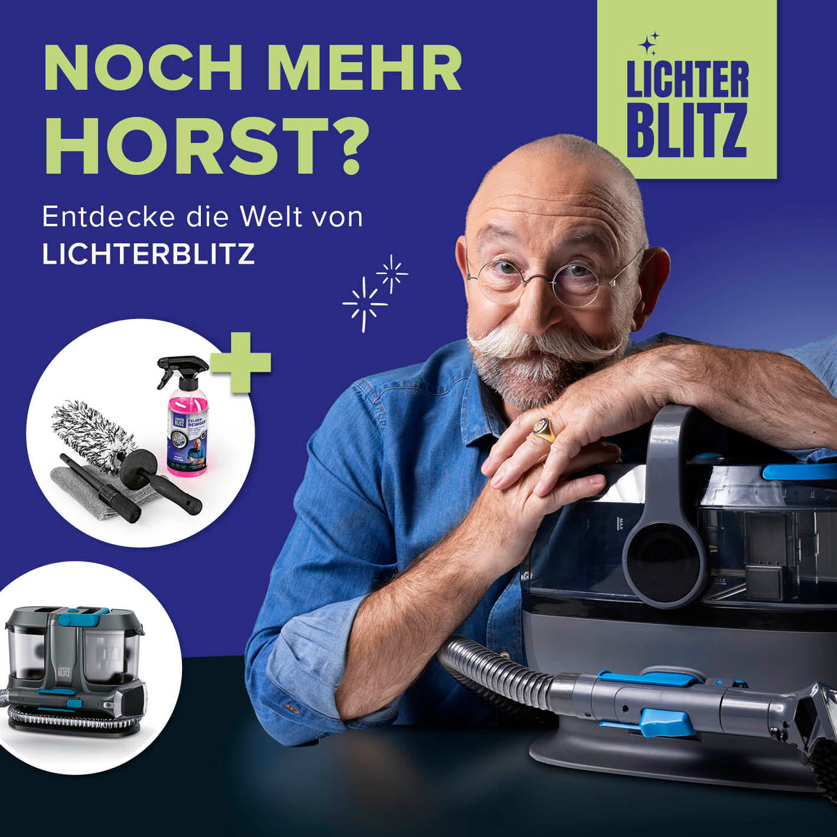 2in1-Reinigungspaste bewirbt kraftvollen Universalreiniger, zeigt Mann mit Reinigungsgeräten und Lichterblitz-Logo.