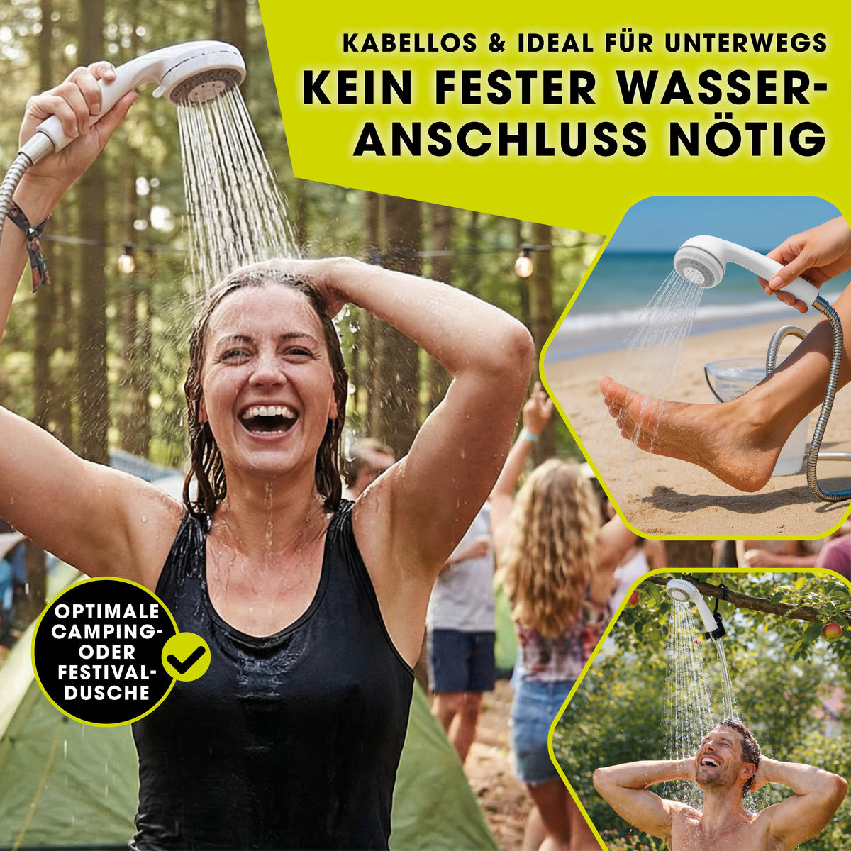 2in1-Gartendusche kabellos für Camping und unterwegs, flexible Nutzung ohne festen Wasseranschluss zum Duschen und Pflanzen gießen.