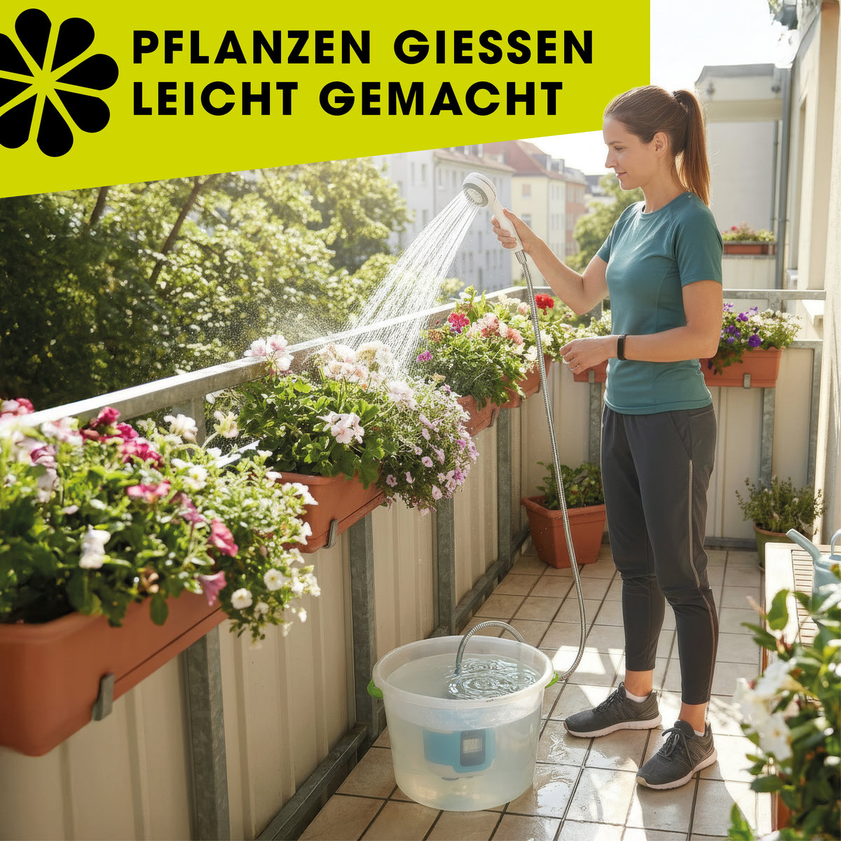 Frau gießt Balkonpflanzen mit der flexiblen 2in1-Gartendusche und einem Eimer als Wasserquelle.
