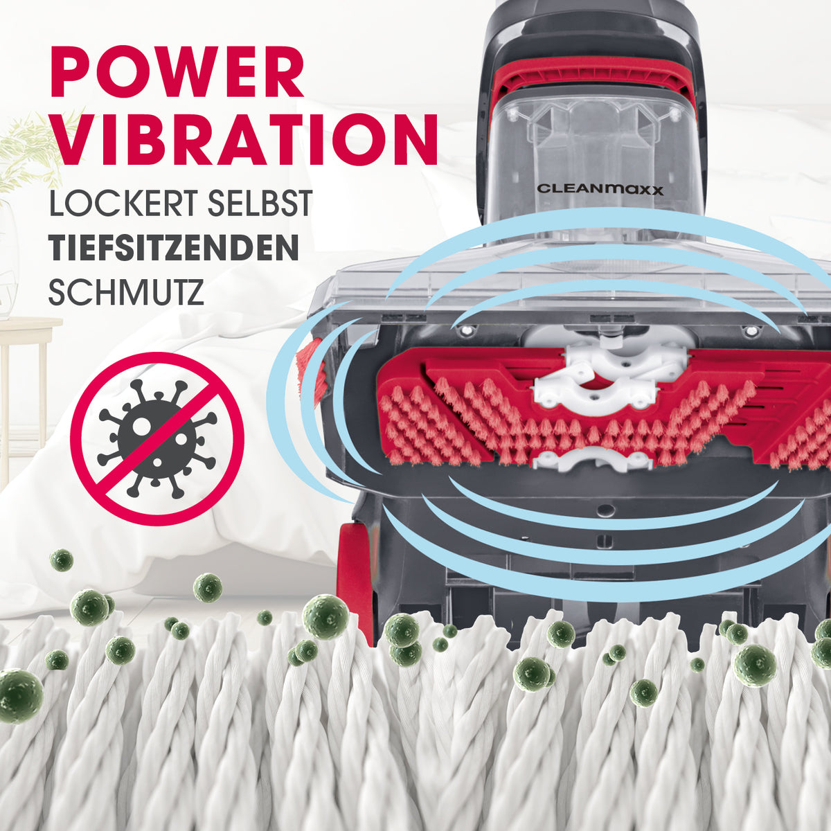 Teppichreiniger AquaStream Plus mit Power Vibration löst tiefsitzenden Schmutz für eine gründliche Teppichreinigung.