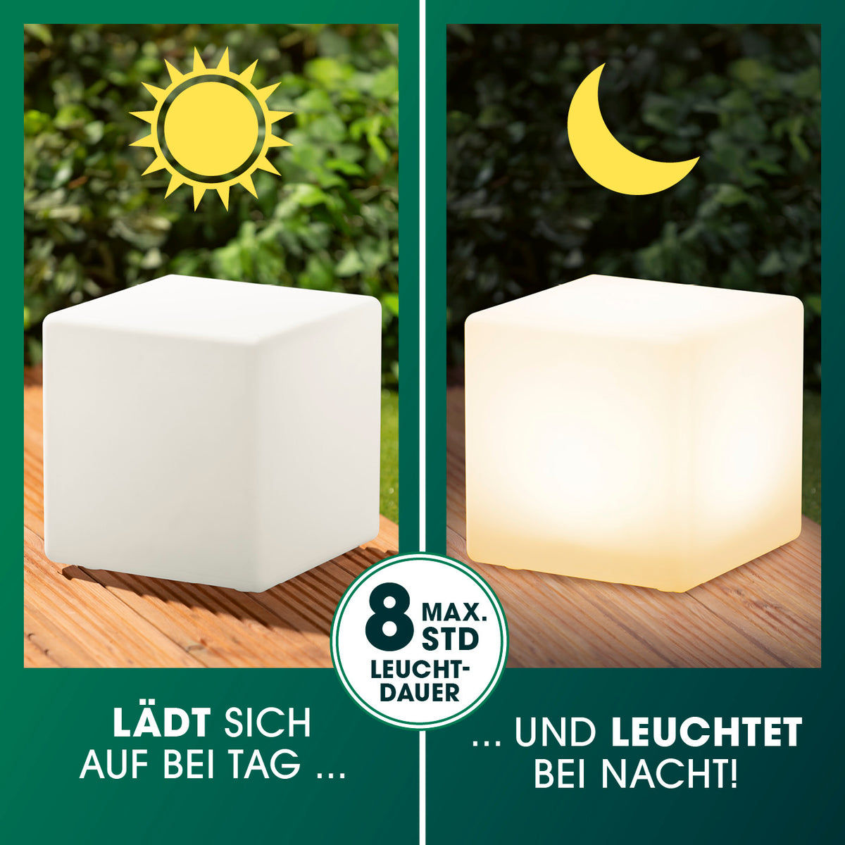 Solar-Dekowürfel mit Fernbedienung & Farbwechsel - 2er-Set, lädt tagsüber auf und leuchtet nachts mit wechselnden Farben bis zu 8 Stunden.