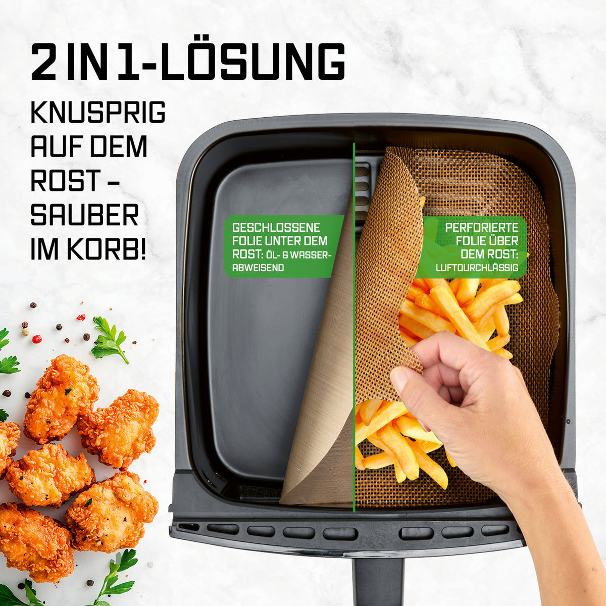 Dauerbackfolien-Set für Heißluftfritteusen – quadratisch mit geschlossener und perforierter Folie für knusprige Ergebnisse im Korb.