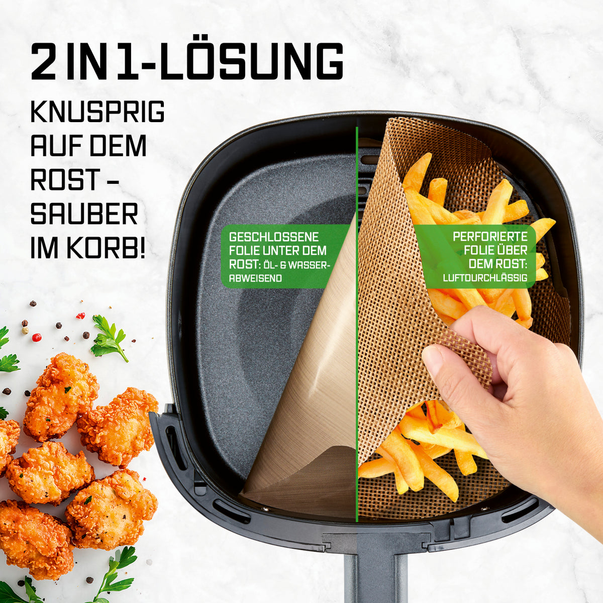 Dauerbackfolien-Set für Heißluftfritteusen – rund (25,5 cm) mit geschlossener und perforierter Folie für knusprige Ergebnisse.