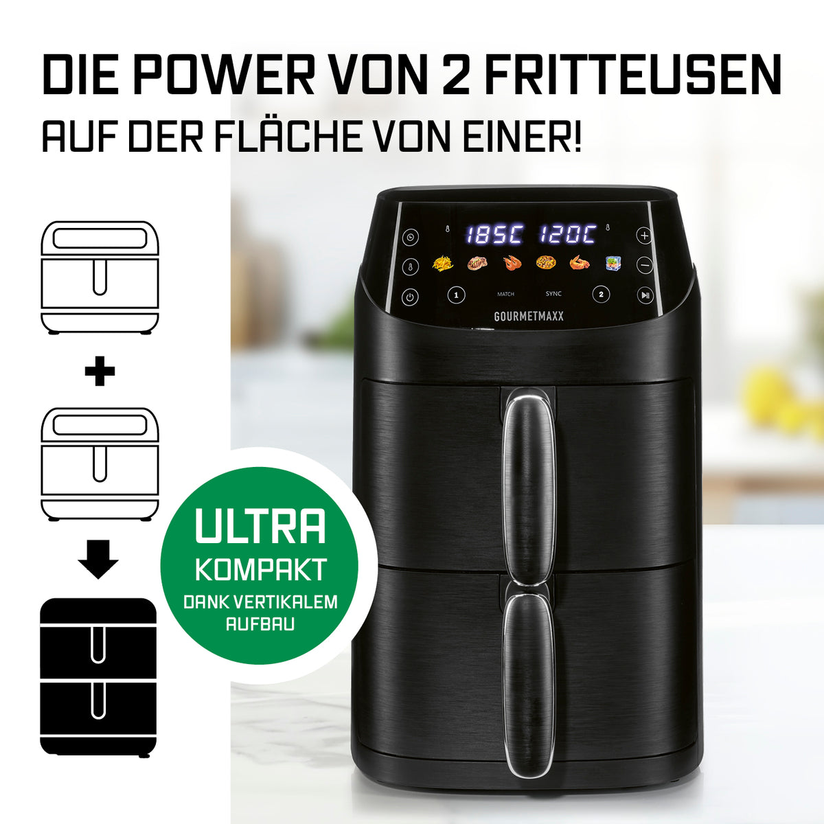FryUp XS Vertikale Doppelkammer-Heißluftfritteuse - 5 Liter (2 x 2,5 l) mit zwei unabhängigen Kammern und digitalem Display, schwarz, kompakt.