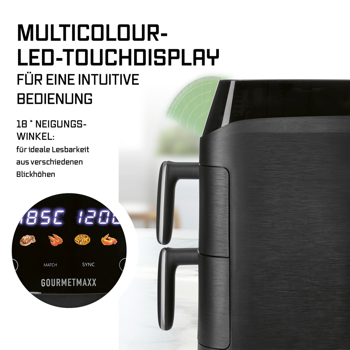FryUp XS Vertikale Doppelkammer-Heißluftfritteuse - 5 Liter (2 x 2,5 l) mit farbigem LED-Touchdisplay und 18° Neigungswinkel für optimale Bedienung.