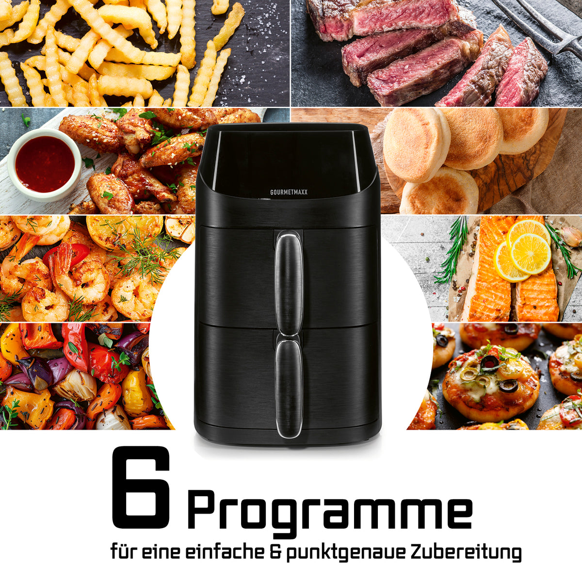 FryUp XS Vertikale Doppelkammer-Heißluftfritteuse - 5 Liter (2 x 2,5 l) in Schwarz mit 6 Programmen für vielseitiges und präzises Garen.