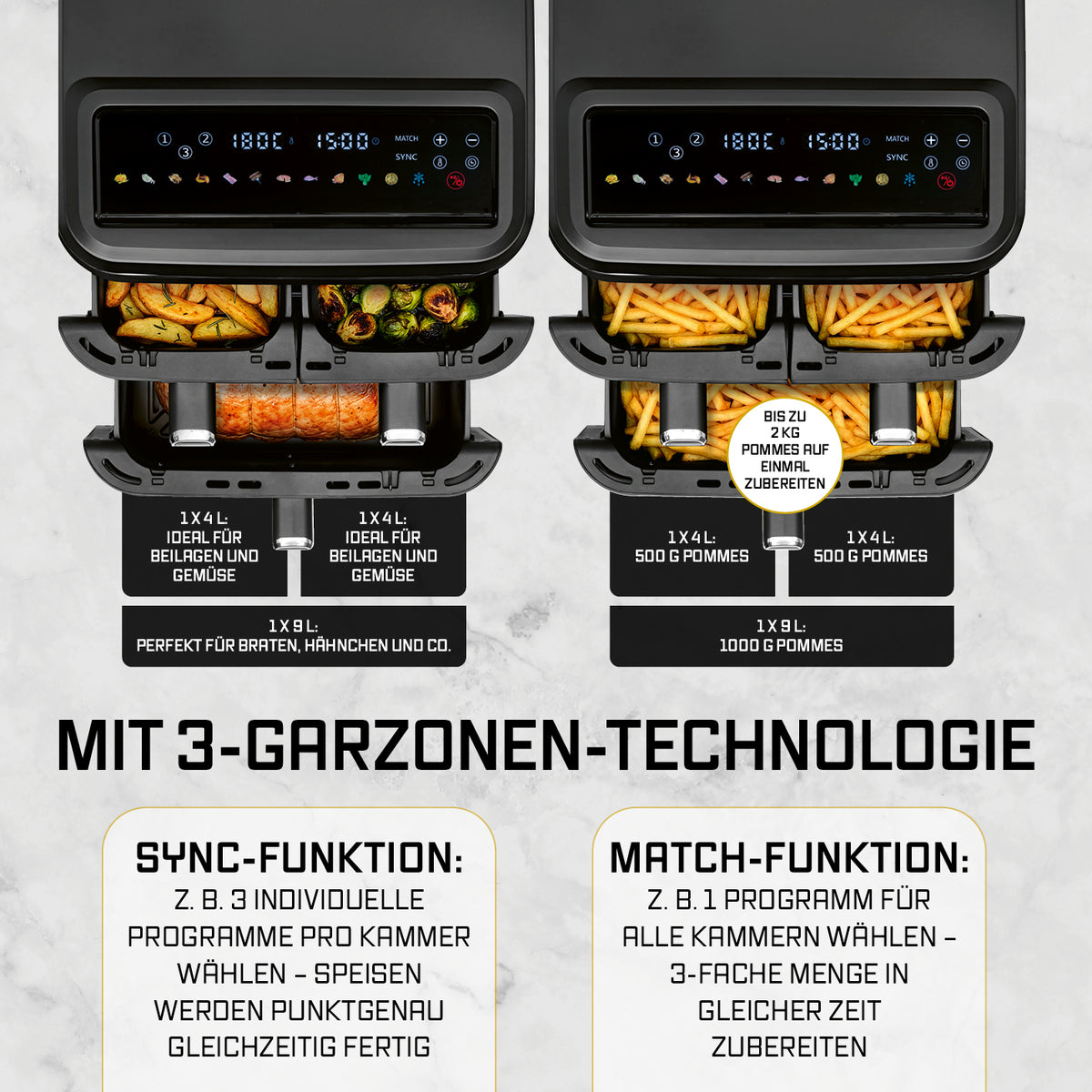 FryUp3 Vertikale 3-Kammer-Heißluftfritteuse - 17 Liter (2 x 4 + 1 x 9 l) mit drei Garzonen und synchronisierten Kochprogrammen für unterschiedliche Speisen.