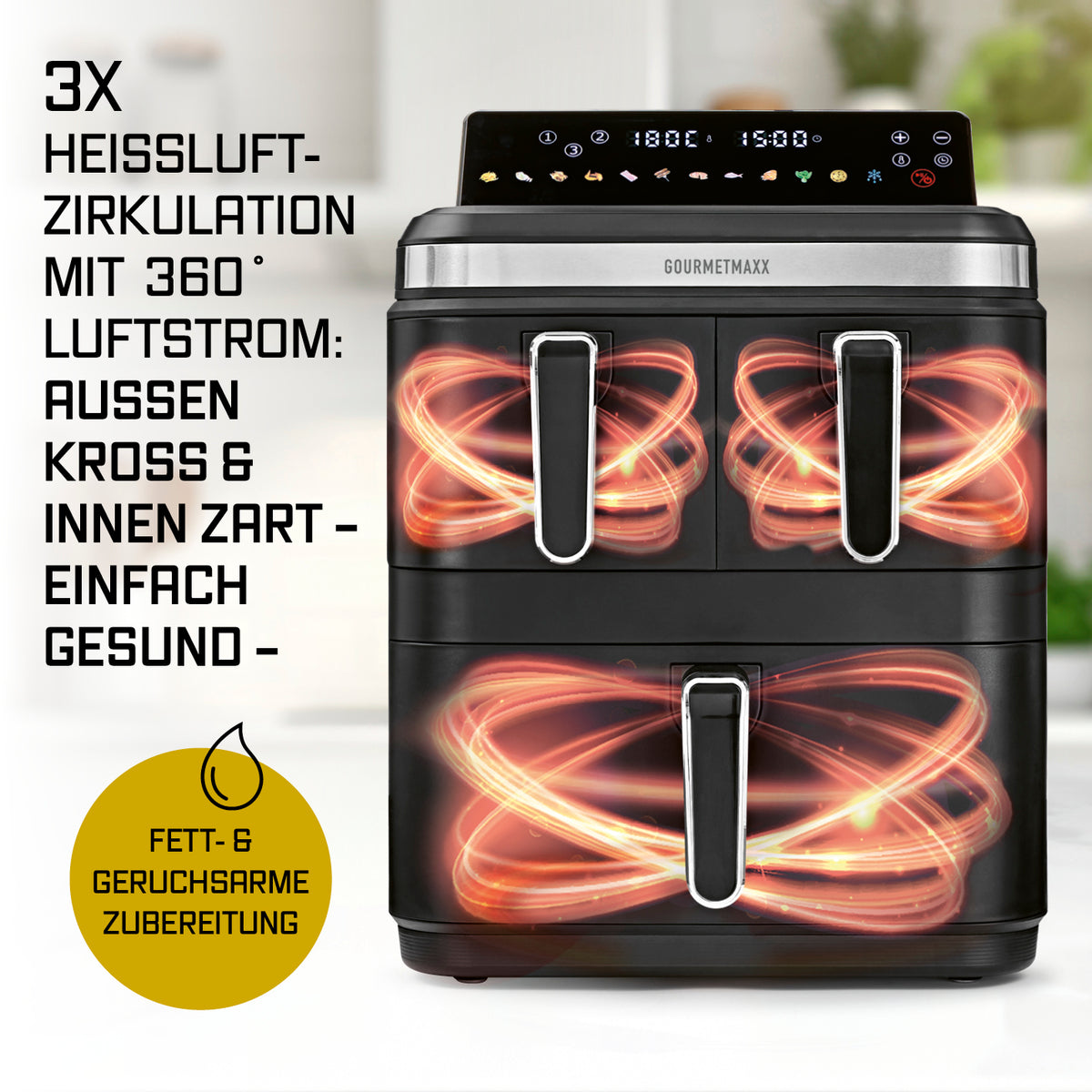 FryUp3 Vertikale 3-Kammer-Heißluftfritteuse - 17 Liter (2 x 4 + 1 x 9 l) mit 3x Heißluftzirkulation für knusprige und gesunde Zubereitung.