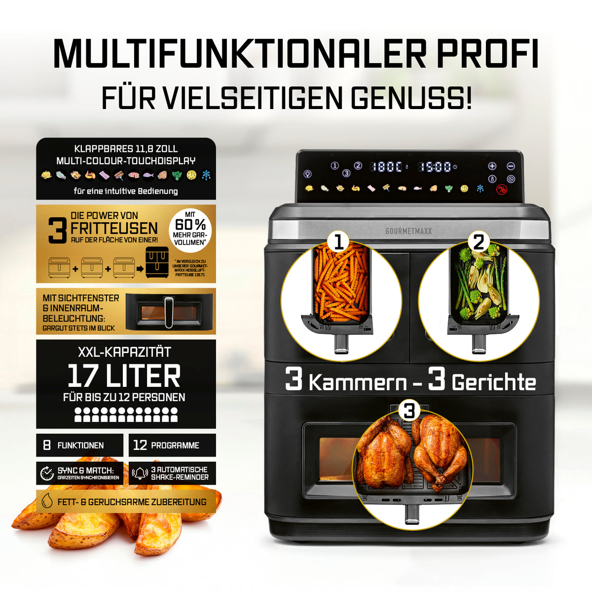 FryUp3 Vertikale 3-Kammer-Heißluftfritteuse mit Sichfenstern - 17 Liter (2 x 4, 1 x 9 l), drei Kammern für gleichzeitiges Garen verschiedener Speisen