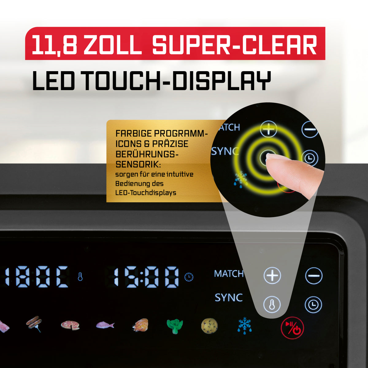 FryUp3 Vertikale 3-Kammer-Heißluftfritteuse mit Sichfenstern - 17 Liter (2 x 4, 1 x 9 l) mit 11,8 Zoll LED-Touch-Display und farbigen Programm-Icons.