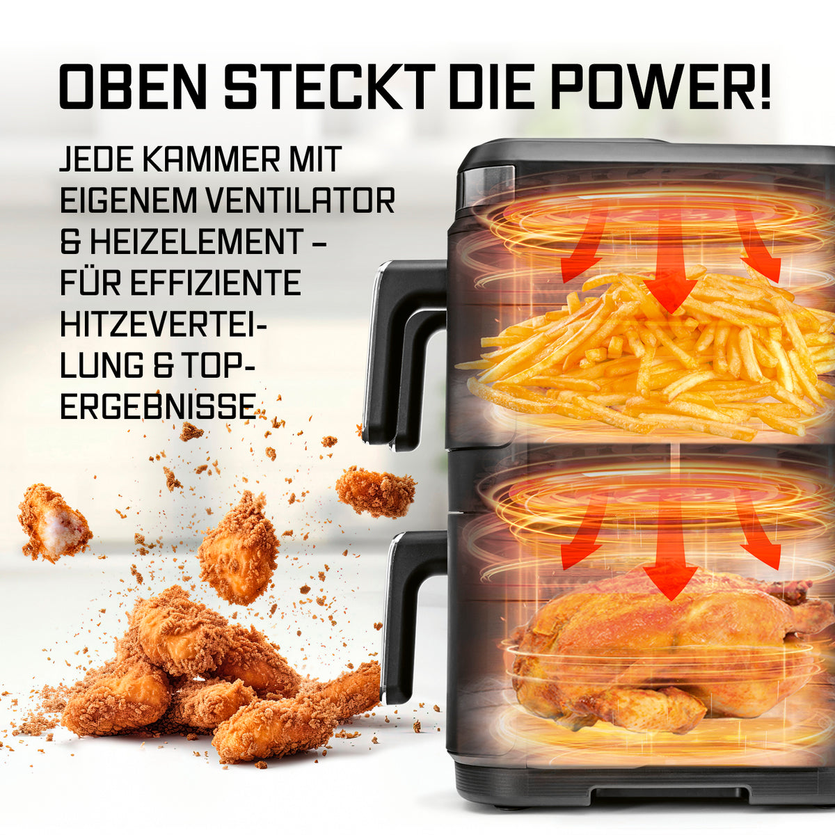FryUp3 Vertikale 3-Kammer-Heißluftfritteuse mit Sichfenstern - 17 Liter (2 x 4, 1 x 9 l) mit unabhängigem Ventilator und Heizelement für optimale Hitzeverteilung.