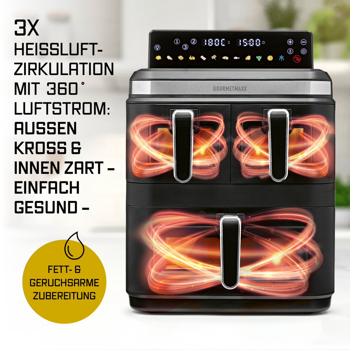 FryUp3 Vertikale 3-Kammer-Heißluftfritteuse mit Sichfenstern - 17 Liter (2 x 4, 1 x 9 l) mit 360° Heißluftzirkulation für schonendes und knuspriges Garen