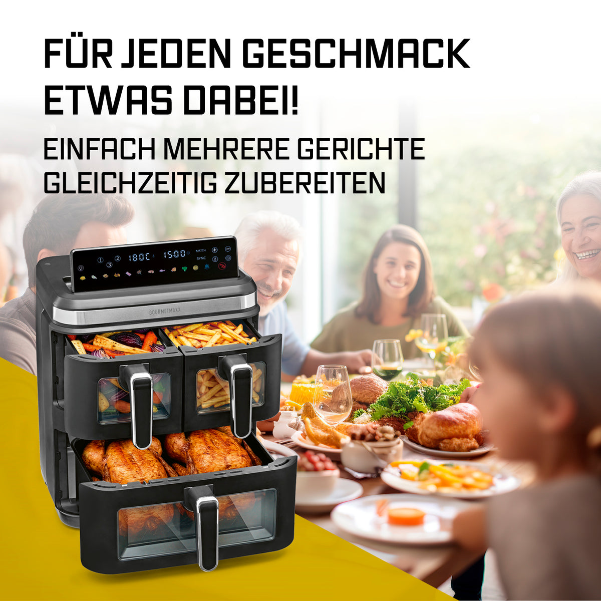 FryUp3 Vertikale 3-Kammer-Heißluftfritteuse mit Sichfenstern - 17 Liter (2 x 4, 1 x 9 l) mit drei unabhängigen Frittierkammern für gleichzeitiges Kochen verschiedener Gerichte.
