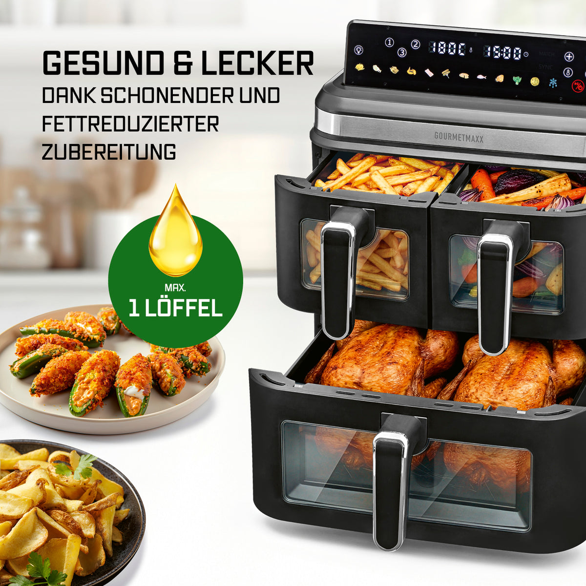 FryUp3 Vertikale 3-Kammer-Heißluftfritteuse mit Sichfenstern - 17 Liter (2 x 4, 1 x 9 l) mit drei Frittierfächern für fettarmes Garen mit max. 1 Löffel Öl.
