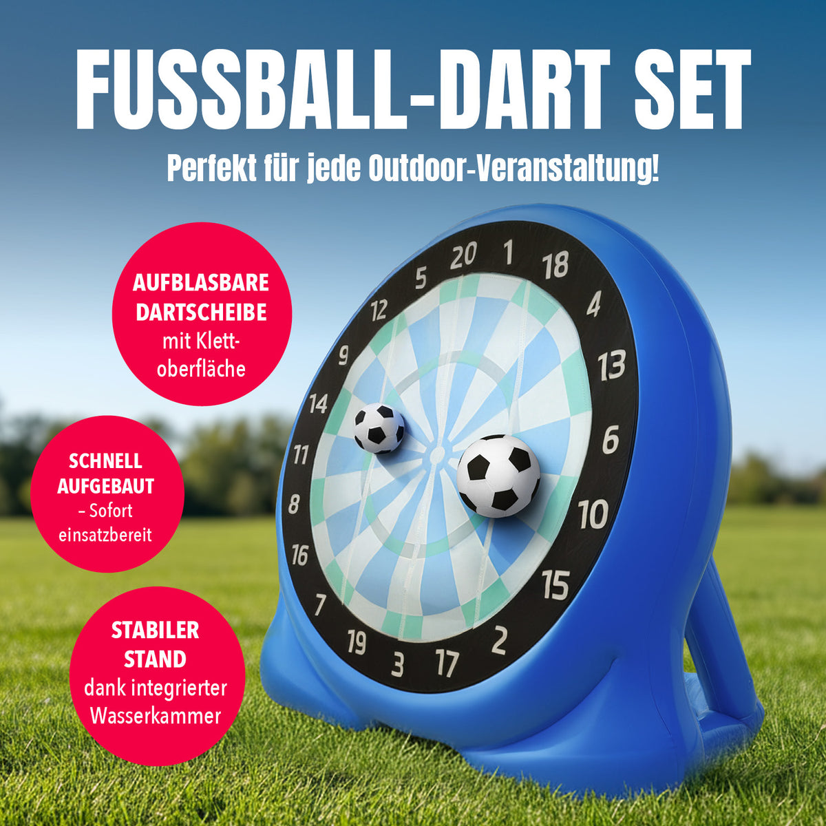 Fußball-Dart Set mit aufblasbarer Dartscheibe, Klettoberfläche und stabiler Standfläche für Outdoor-Spiele.