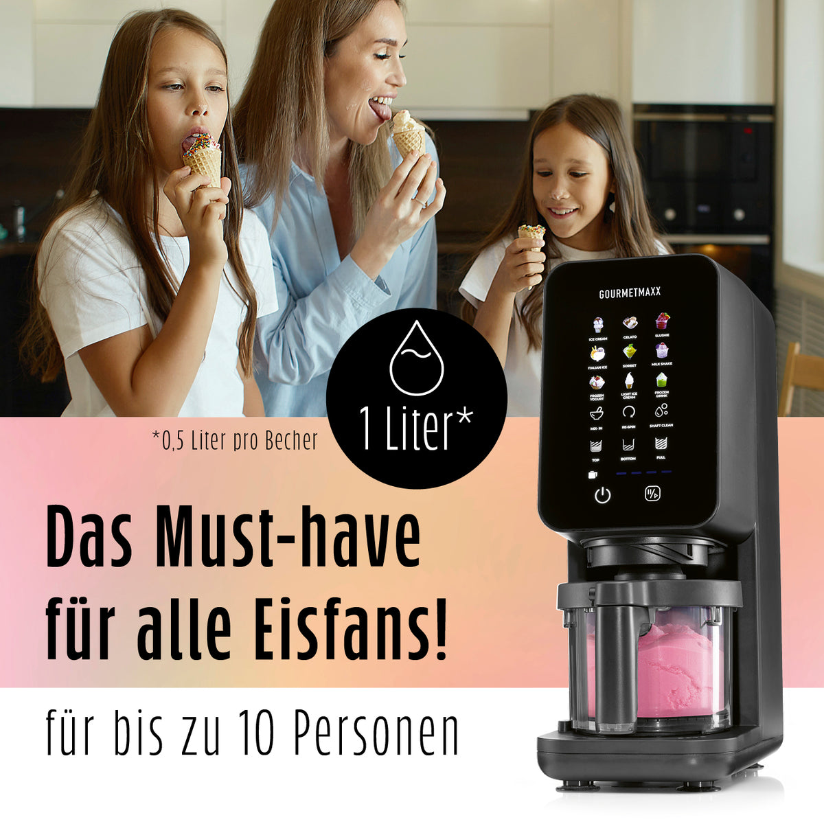 Familie genießt Eis aus der Eismaschine SmoothUp Touch mit 9 Programmen und 1 Liter Eis für bis zu 10 Personen.