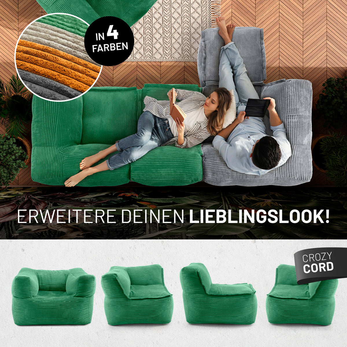 Modularer Hocker aus der LUMALAND Cord-Reihe - 140 L - 54 x 54 x 40 cm - Dunkelgrün Sitzsack im Cord-Design für gemütliche Innenräume.