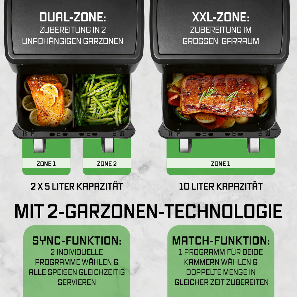 AirGenius Vario-Kammer-Heißluftfritteuse - 10 Liter (2 x 5 Liter) mit 2 unabhängigen Garzonen für vielseitige Zubereitung.