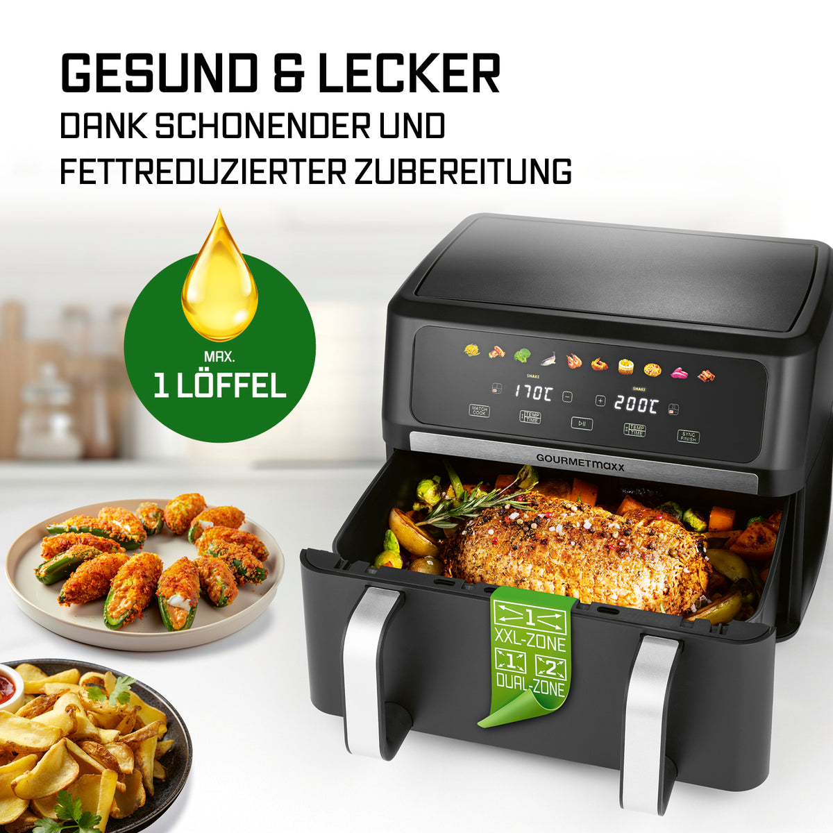 AirGenius Vario-Kammer-Heißluftfritteuse - 10 Liter (2 x 5 Liter) mit fettreduzierter Zubereitung und Dual-Zone Funktion