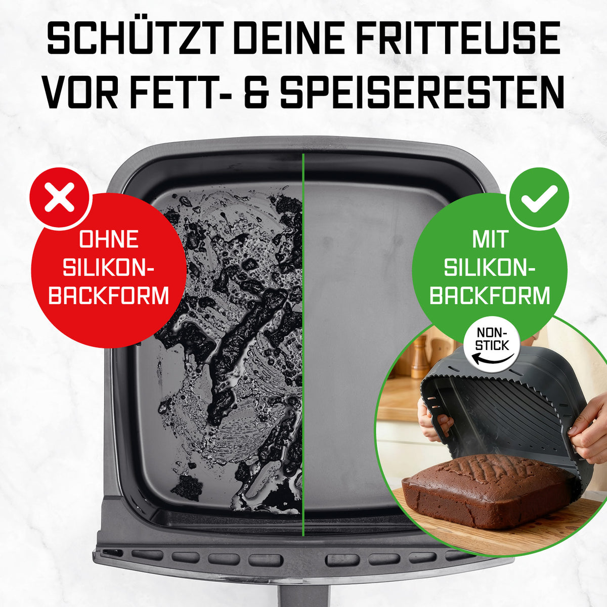 Silikonbackform für Heißluftfritteusen - ca. 21,2 x 21,2 x 8 cm schützt vor Fett- und Speiseresten, leicht zu reinigen, flexibel und hitzebeständig.