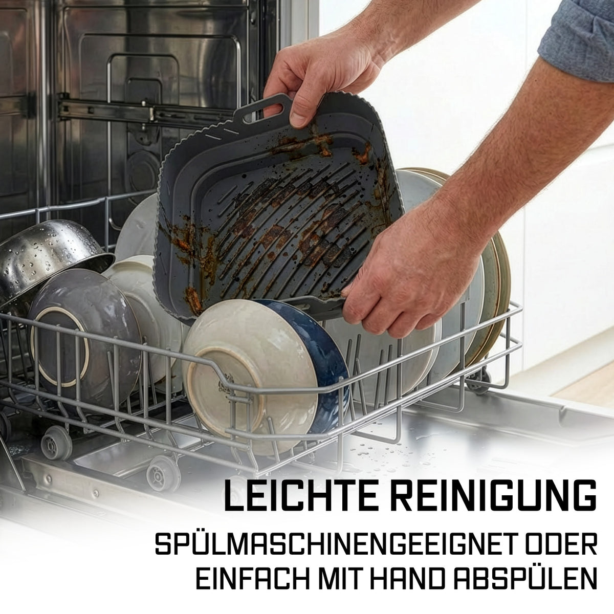 Silikonbackform für Heißluftfritteusen - ca. 21,2 x 21,2 x 8 cm, leicht zu reinigen, spülmaschinenfest und flexibel für vielfältige Speisenzubereitung.