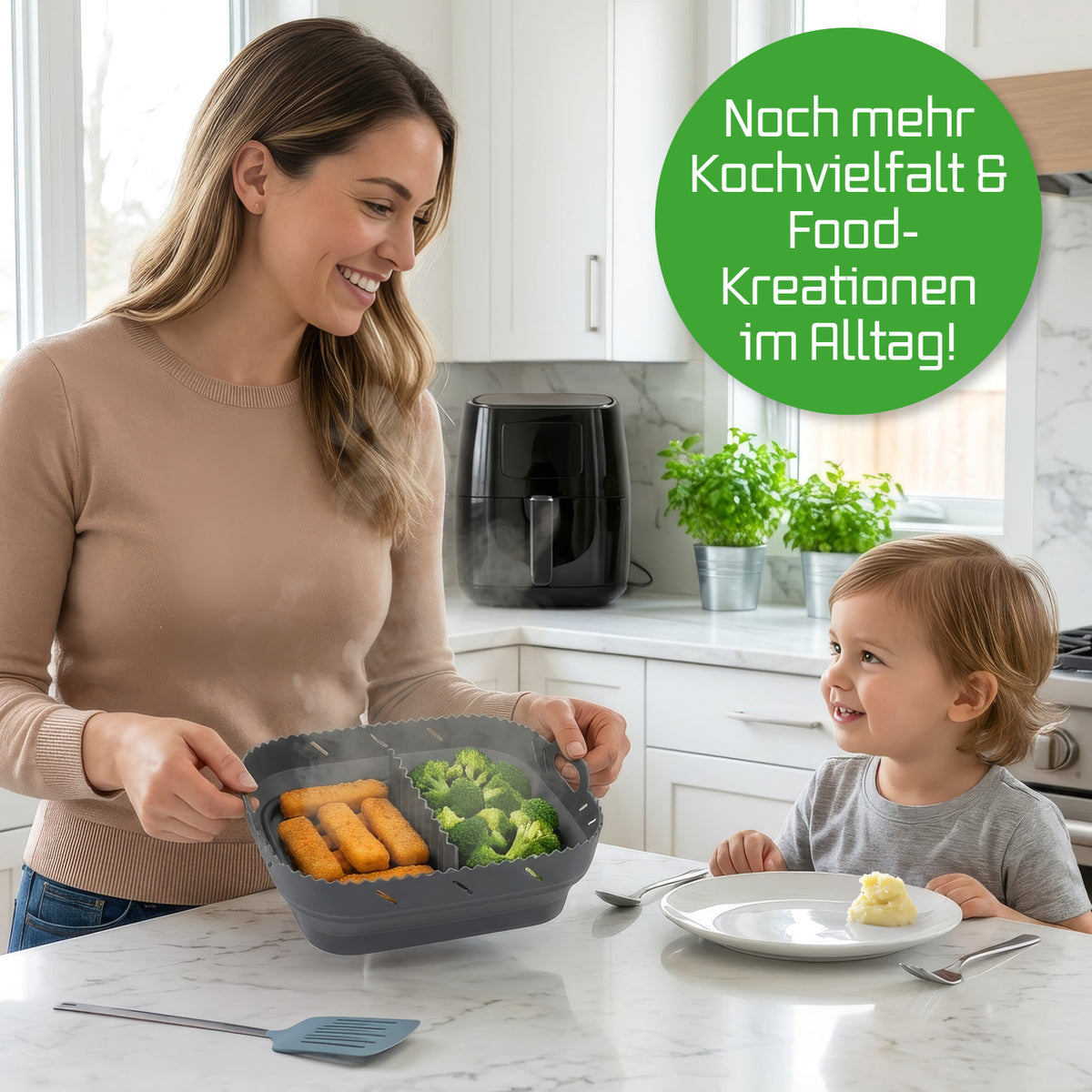 Silikonbackform für Heißluftfritteusen - ca. 21,2 x 21,2 x 8 cm, flexibel mit Trennwand für schonendes und vielseitiges Garen verschiedener Speisen.
