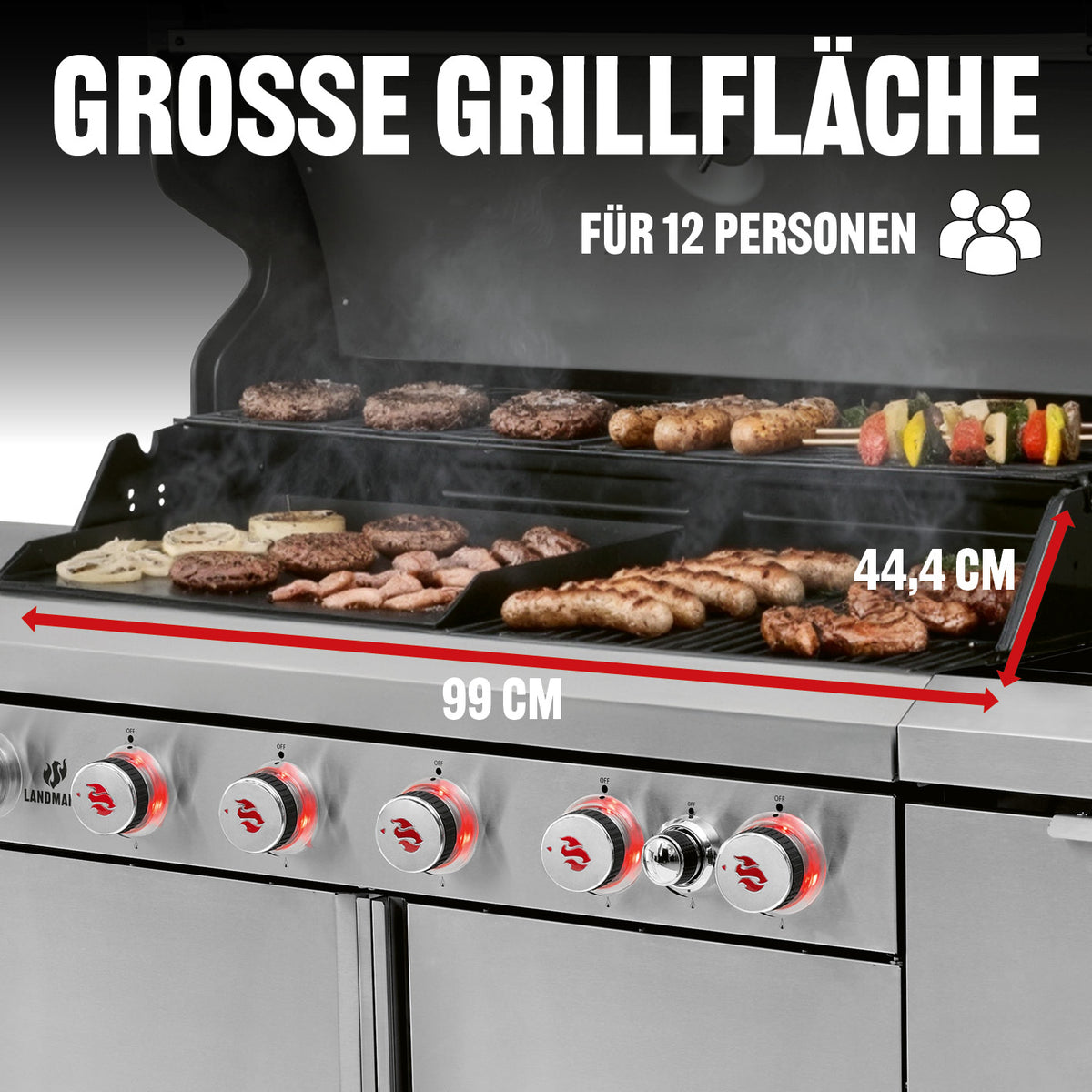 Gasgrill 6.1 Grillwagen mit 6 Brennern große Grillfläche 99x44,4 cm für bis zu 12 Personen mit LED-Bedienung und Edelstahlrost.