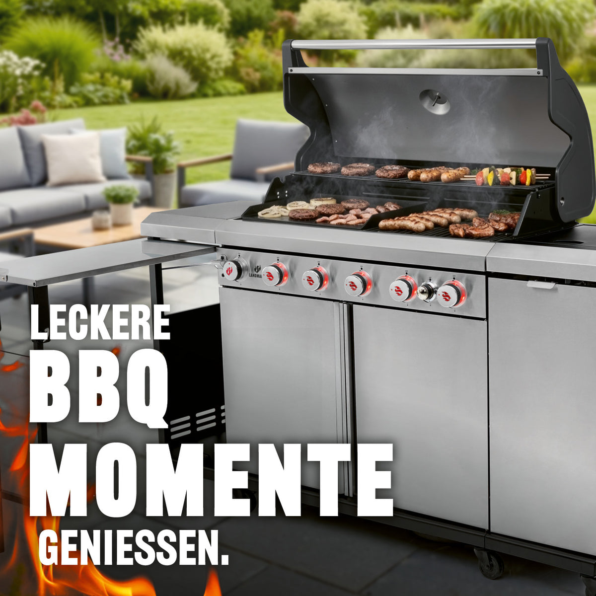 Gasgrill 6.1 Grillwagen mit 6 Brennern aus Edelstahl mit Gusseisenrost und leistungsstarken Brennern für große Grillpartys im Garten.