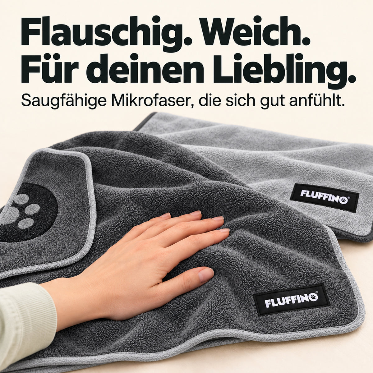 Hundehandtuch Mikrofaser – 2er-Pack - 90 x 50 cm- Grau mit zwei saugfähigen Handtüchern und Pfotenmotiv