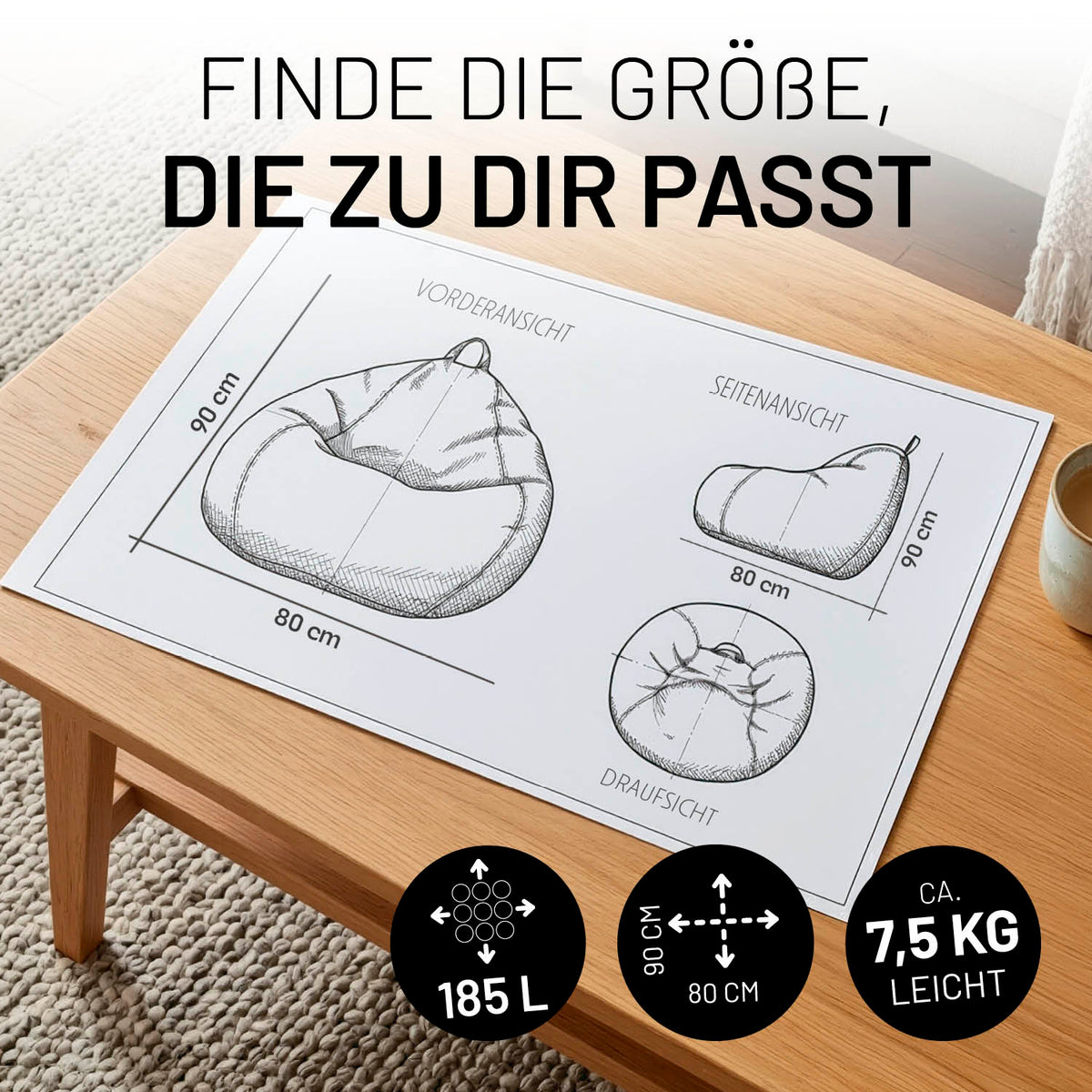 Skizze mit Maßen des Comfort Line Sitzsack Feincord L - 185 L - Dunkelblau auf Holztisch, Einführung in Größe und Gewicht