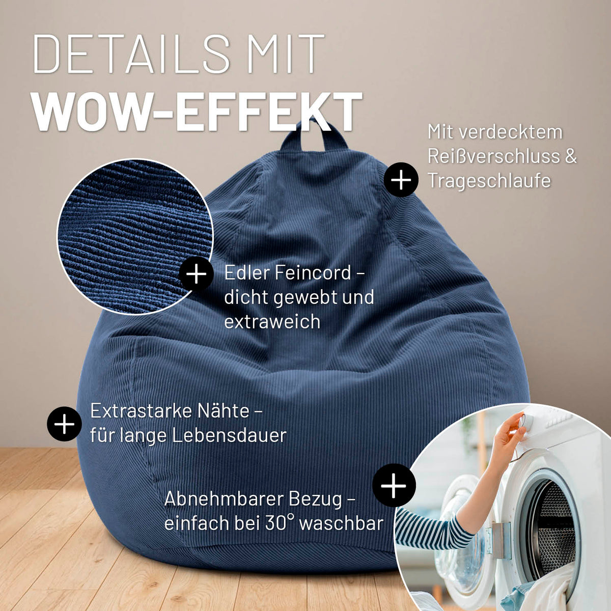 Comfort Line Sitzsack Feincord L - 185 L - Dunkelblau mit weichem Feincordstoff, verdecktem Reißverschluss und praktischer Trageschlaufe.