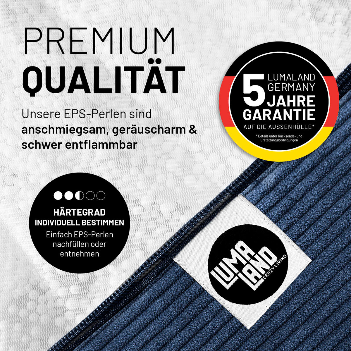 Comfort Line Sitzsack Feincord L - 185 L - Dunkelblau mit weichem Feincordbezug und langlebiger EPS-Perlenfüllung, dunkelblaue Farbe.