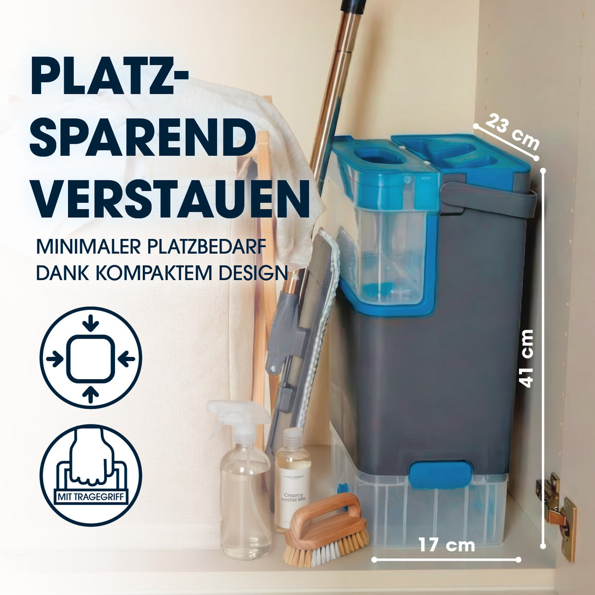 Komfort-Mopp DuoTank mit kompaktem Design und Tragegriff, ideal für platzsparende Aufbewahrung in kleinen Schränken.