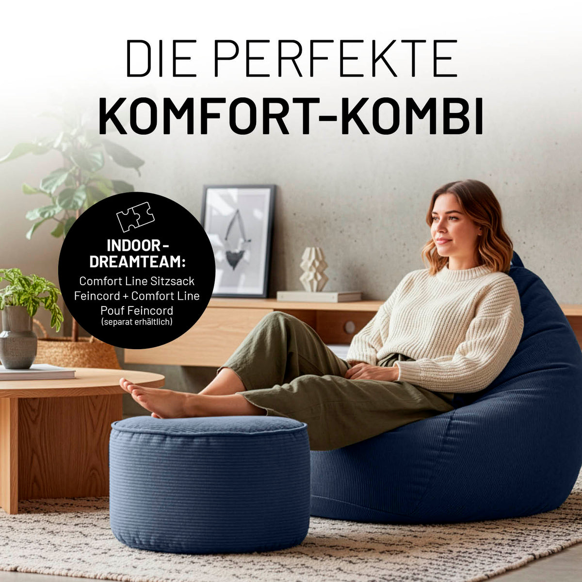 Comfort Line Pouf Feincord - 25 x 40 cm - 50 l - Dunkelblau als weicher Hocker mit feinem Cordbezug, ideal für entspannte Wohnmomente.