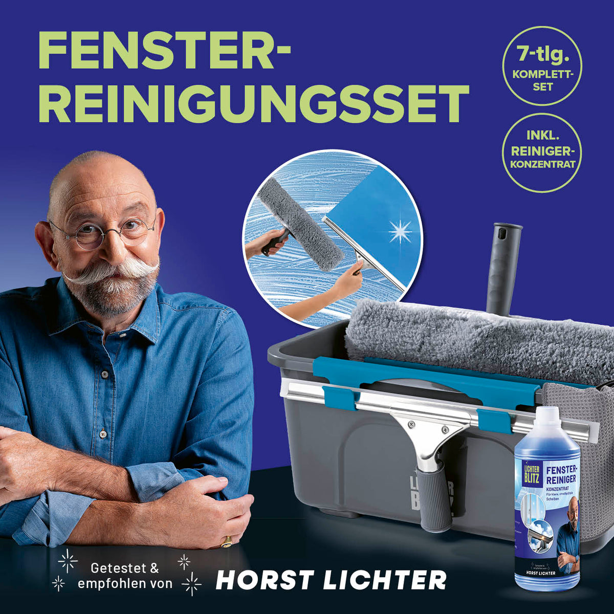 Reinigungsset Fenster 7-teilig mit Eimer, Abzieher, Waschbezug und Reinigerkonzentrat, empfohlen von Horst Lichter.