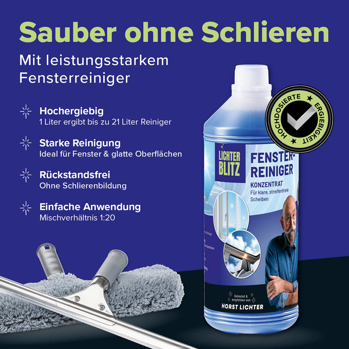 Reinigungsset Fenster 7-teilig mit konzentriertem Reiniger, Abzieher und Mikrofaserrolle für streifenfreie, rückstandsfreie Fensterreinigung.