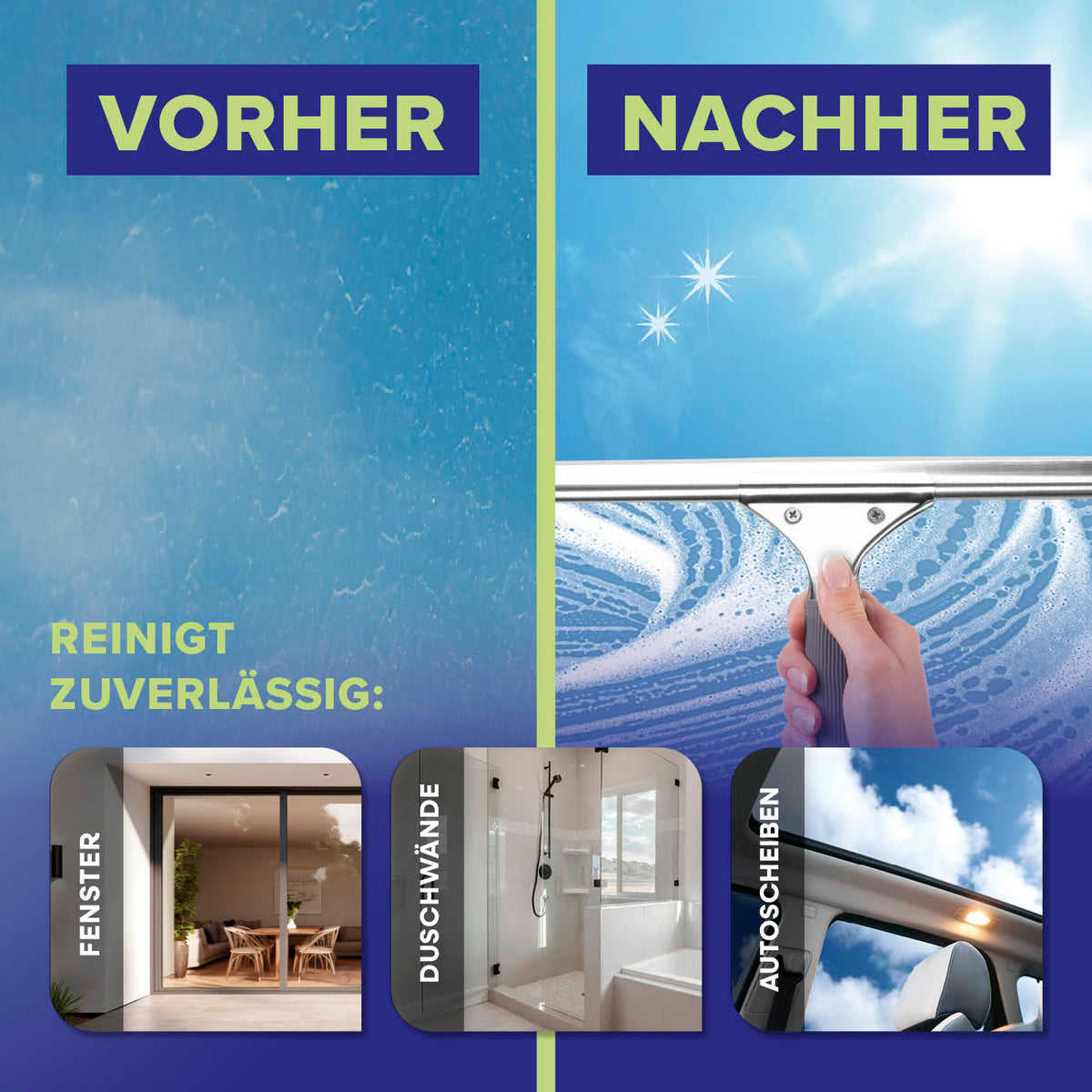 Reinigungsset Fenster 7-teilig zeigt effektive Reinigung mit streifenfreiem Ergebnis an Fenstern, Duschwänden und Autoscheiben.